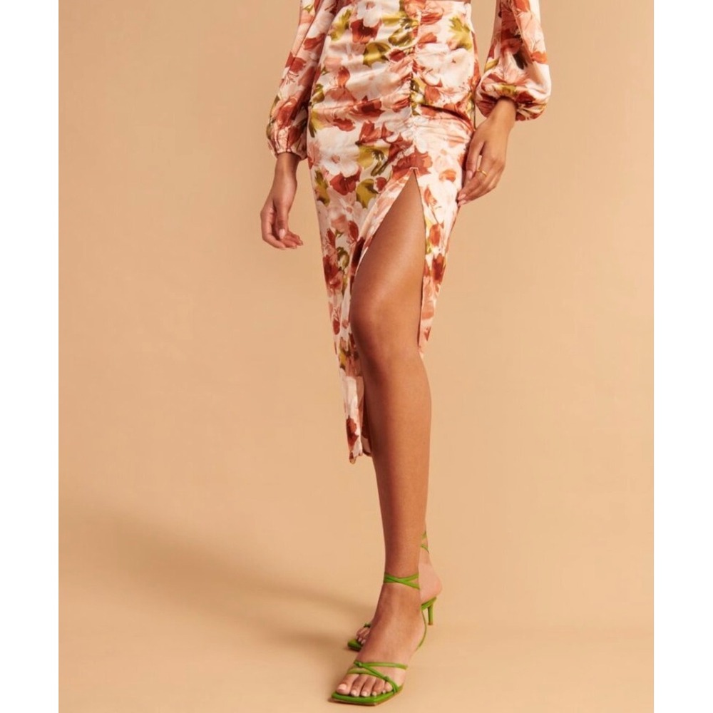 Abercrombie & Fitch Womens Floral Ruched Satin Side‎ Slit Midi Skirt Orange